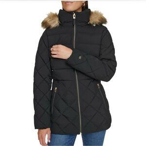 Women's Black Quilted Jacket with Faux Fur Trim